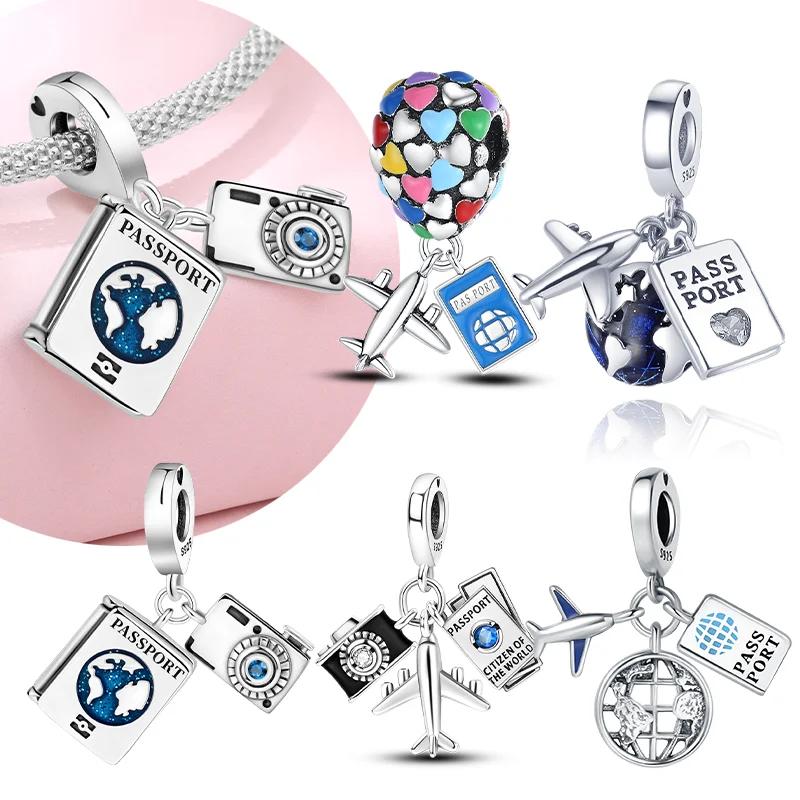Copper Metal Colors Airplane Globe & Passport Dangle Charm Bead Component Bead Components Compatible With Authentic Original Bracelet High Quality