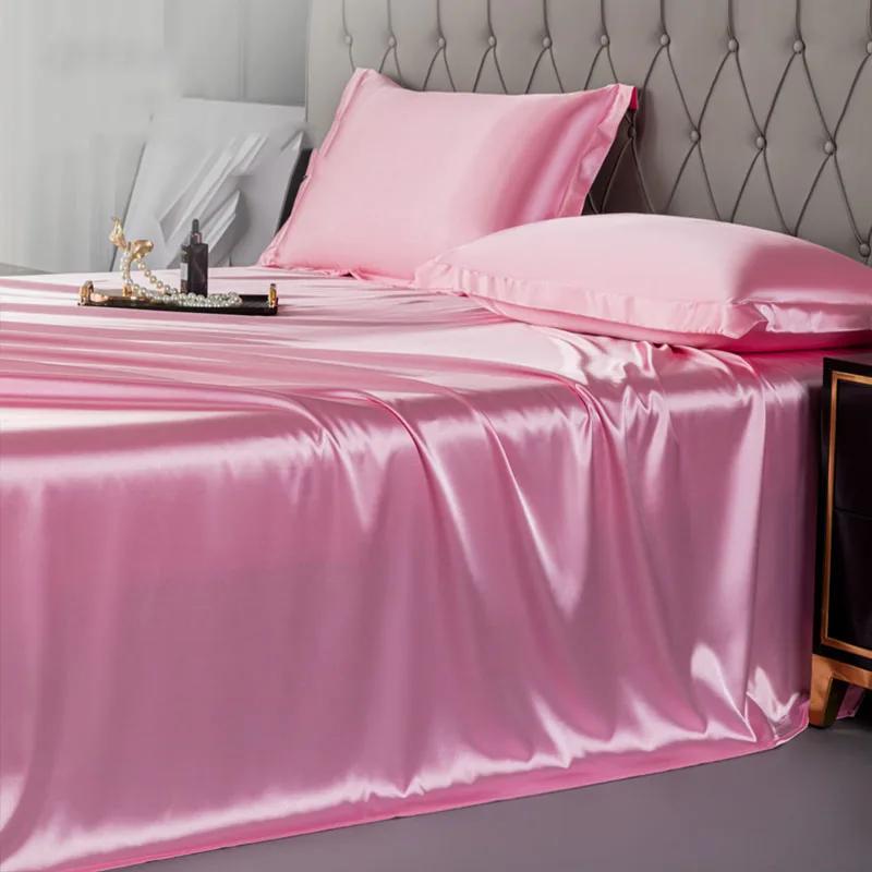 Satin Silk Bed Sheets for Summer Plain Flat Sheet for Double Bed Twin/Full/Queen/King Size Bed Linen (pillowcase Need Order)