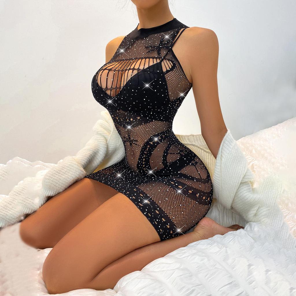 Sexy Lingerie Rhinestone Stockings Women Long Sleeve Fishnet Free Off Women's Transparent Stocking One-Piece Lingerie Female