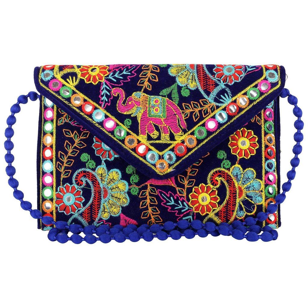 Clutch Bags for Women Jaipuri Rajasthani Handmade Embroidery Mirror Work Stylish Sling Bags for Women Cross Body Bags for Ladies and Girls - 22X16 Cm