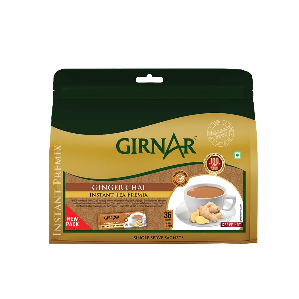 

Girnar Instant Ginger Tea Premix Sachets 36 Pack Quick Hot Chai Drink Rich Flavor Easy Preparation Aromatic