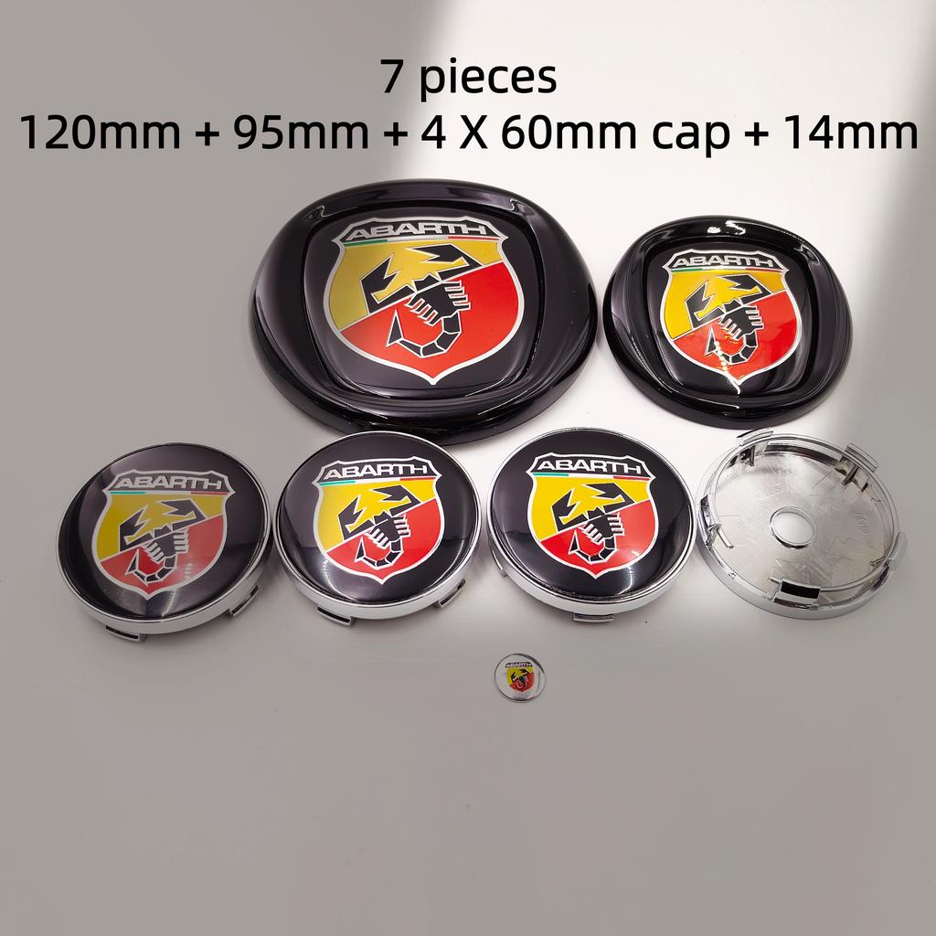 8pcs fiat Abarth Car Front grill front Rear Bumper tail door trunk Emblem 85/95/100/120mm Wheel Center Hub Cap Badge Rim Cover