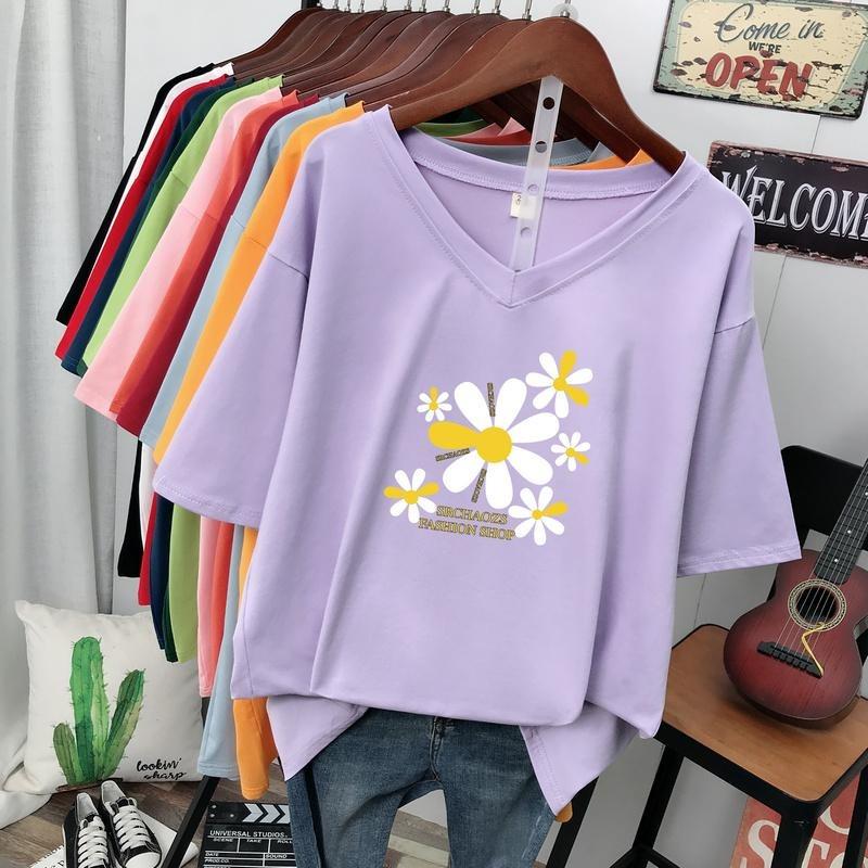 Short-sleeved T-shirt for Women, Large Size, Loose and Slimming, Printed V-neck Top