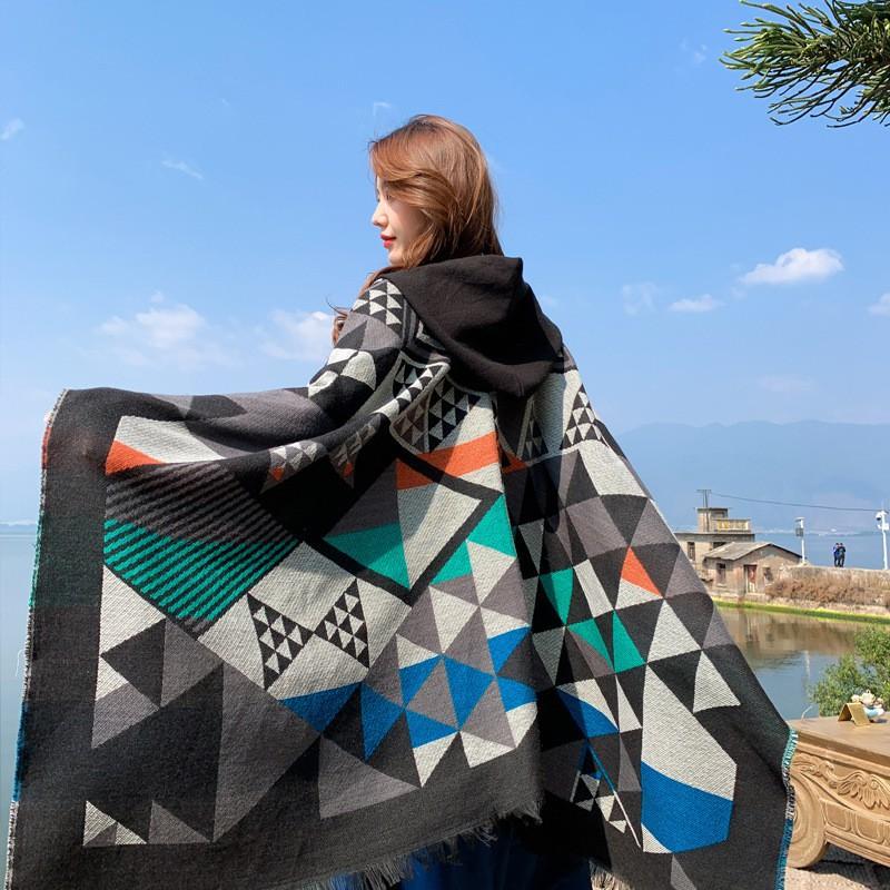 Warm Thick Plaid Hooded Cape Shawl Women Winter Cozy Wrap Scarf Lightweight Blanket Coat