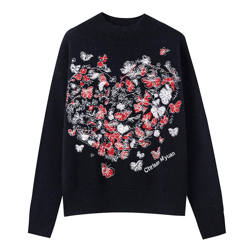 

0% wool~ half height round neck pullover flower sweater heavy industry embroidery love long sleeve knitted sweater women s top M чёрный