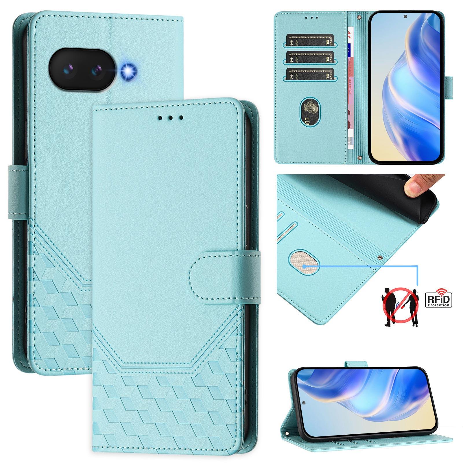 For Google Pixel 9a Case Imprinted Honeycomb RFID Blocking Leather Phone Cover with Strap A