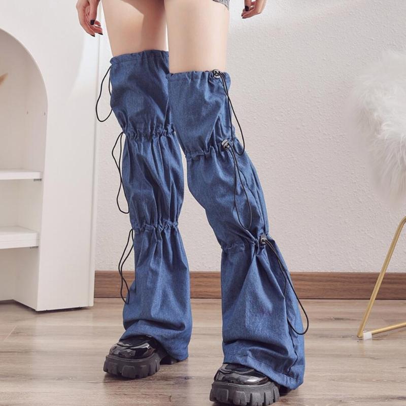 Punk Jeans Leg Warmers with Drawstring Bandage Harajuku Leg Cover Flared Over Knee Long Socks Streetwear for Women