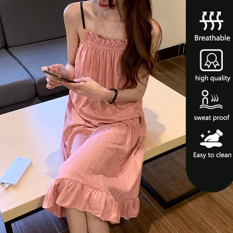 Mädchen Koreanischer Prinzessinnenstil Rüschen Einfach Süß Pyjama Damen Sommer Herbst Träger Mittellang Nachthemd Hauskleidung