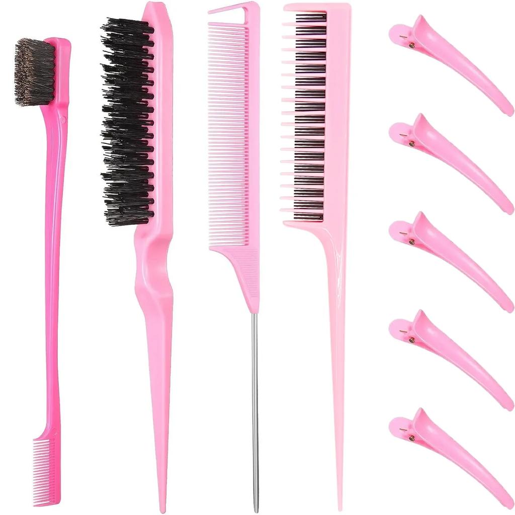 9PCS Hair Styling Comb Set Teasing Hair Brush Triple Teasing Combs Rat Tail Combs Edge Brush Hair Clips Barber Hairdressing Tool