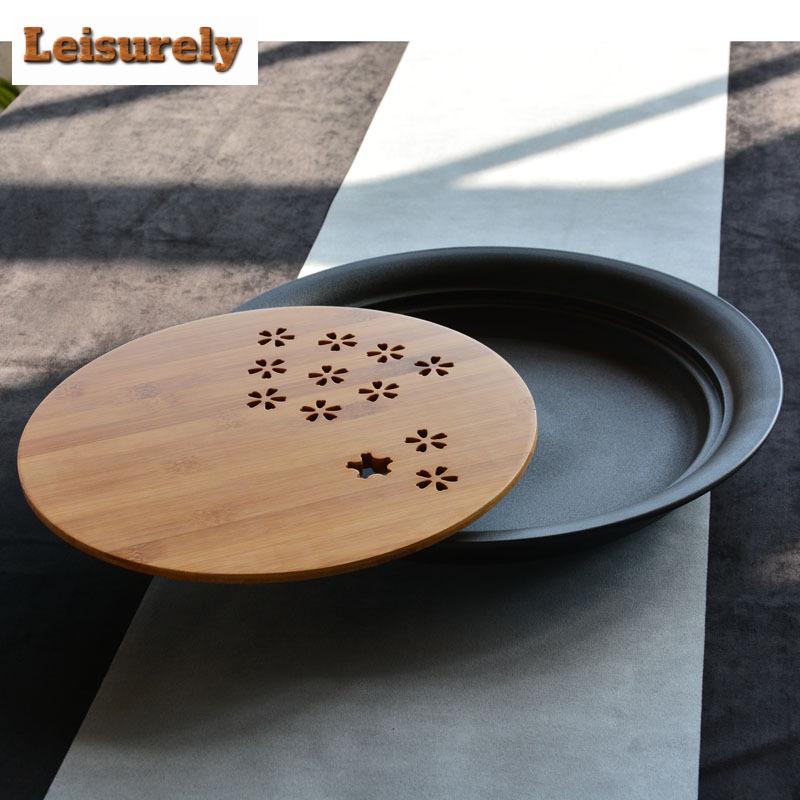 900ML Japanese Bamboo Cover Black Pottery Pot Bearing Holder Plum Blossom Water Storage Tea Tray Circular Dry Soaking Table Gift