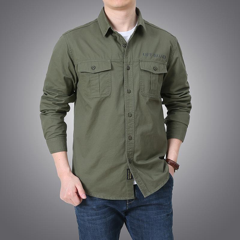 Lente en Herfst Lange Mouw Shirts Katoen Multi-zak Militair Uniform Plus Size Heren Casual Shirt Dunne Sectie