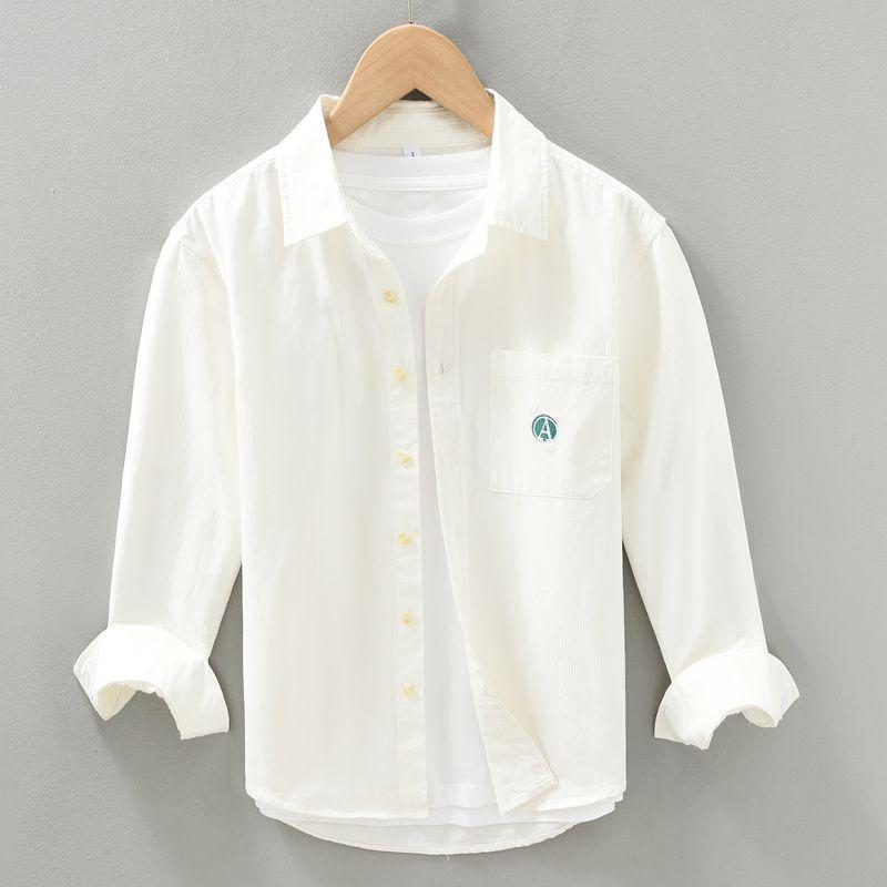 

2024 Мужские Весенне-Осенние Новые Рубашки с Квадратным Воротником, Пуговицами, Карманом, Вышивкой, Модные, Однотонные, Свободные, Повседневные, С Длинным Рукавом L белый