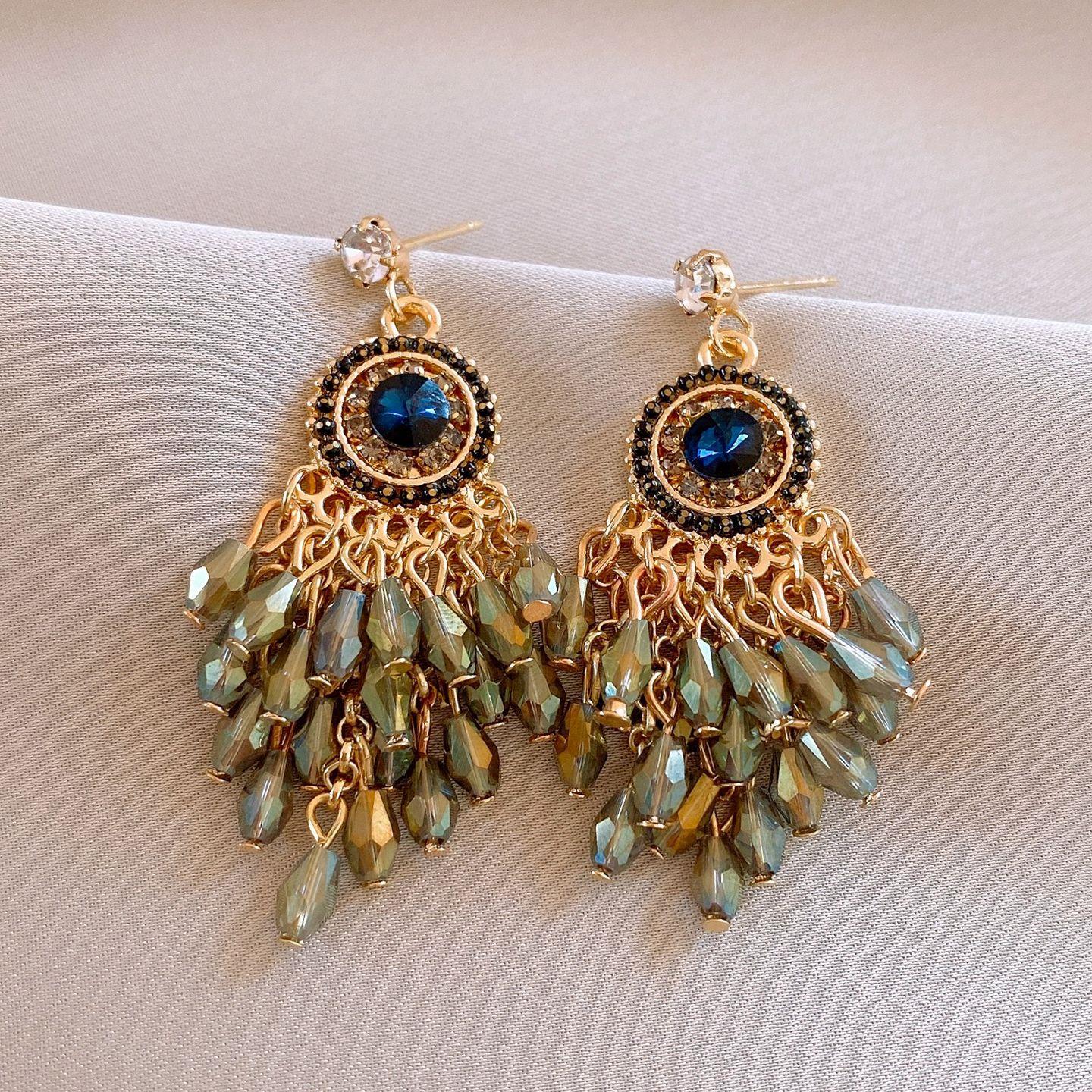 Ретро этнические круглые стеклянные серьги-гвоздики с бахромой персонализированные серьги