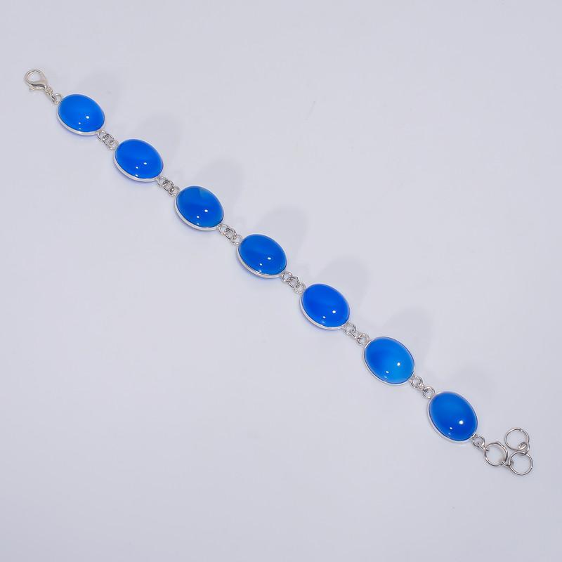 

Exclusive Top Grade Qualite 100% Natural Blue Chalcedony Oval Shape Ethnic Style Handmade Jewelry 925 Steling Silver Bracelet 7-9 WSJ-5204 7-9