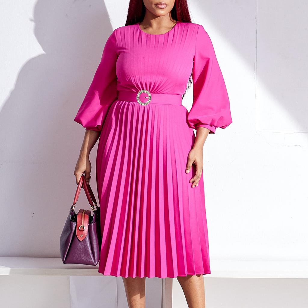 Elegante Faltenkleider O-Ausschnitt Langarm Gürtel Taille Große Größen Xxxl Wadenmitte Luxuriöses Damen-Partykleid