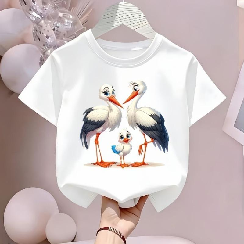 Children Crew Neck Short Sleeve T-Shirt with Parent-Child Themed Cartoon Stork Print 110 белый