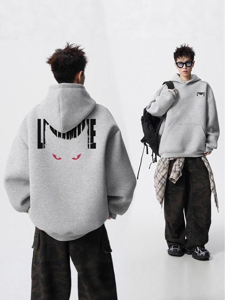 Men's Autumn Black Demon Cat Print Heavyweight Loose Fit Hoodie
