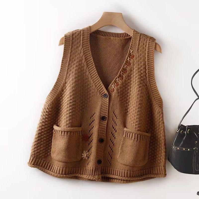 Vintage Strickweste Damen Mode V-Ausschnitt Frühling Herbst Gestrickter Mantel Floral Strickware Ärmellose Oberbekleidung Lässig Harajuku Täglich
