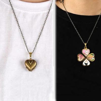Personalized Love Heart Locket Necklace That Holds 4 Photos Four-leaf Clover Pendant Necklace