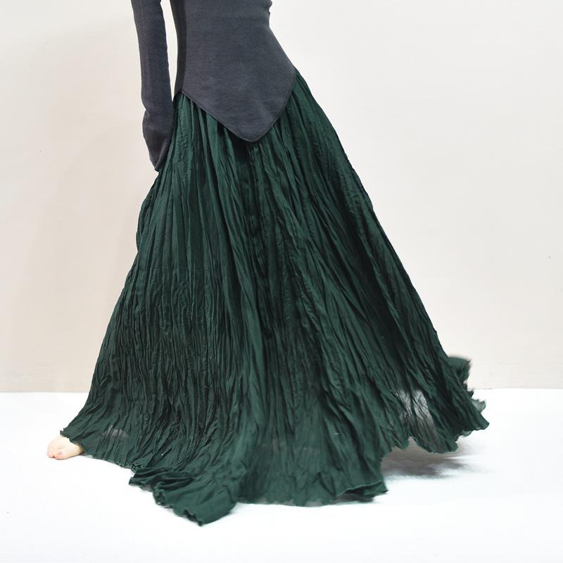 Autumn Plus Size Women's A-line Skirt - Pleated Forest Style, Cotton-Linen Texture, High Waist, Slimming, Long Hem