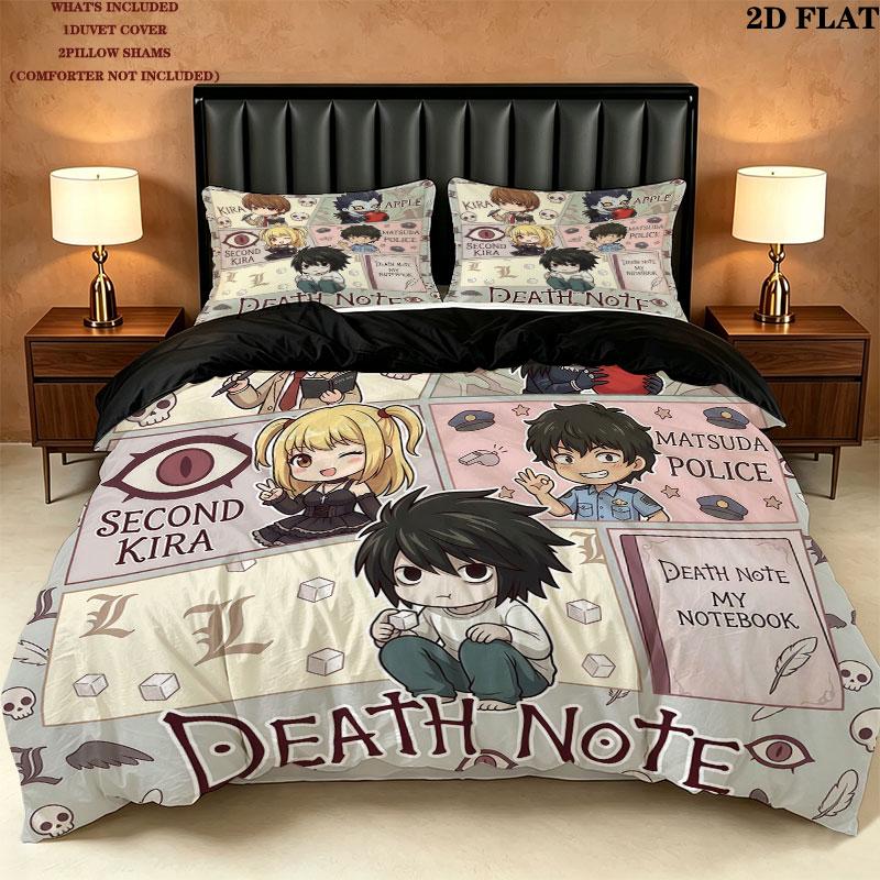 Pościel z Wzorem Death Note Zestaw Kołdra Poszewka na Kołdrę Poszewka na Poduszkę Domowy Prezent Urodzinowy(1 * poszwa na kołdrę + 2 * poszewki na poduszki, bez rdzenia)