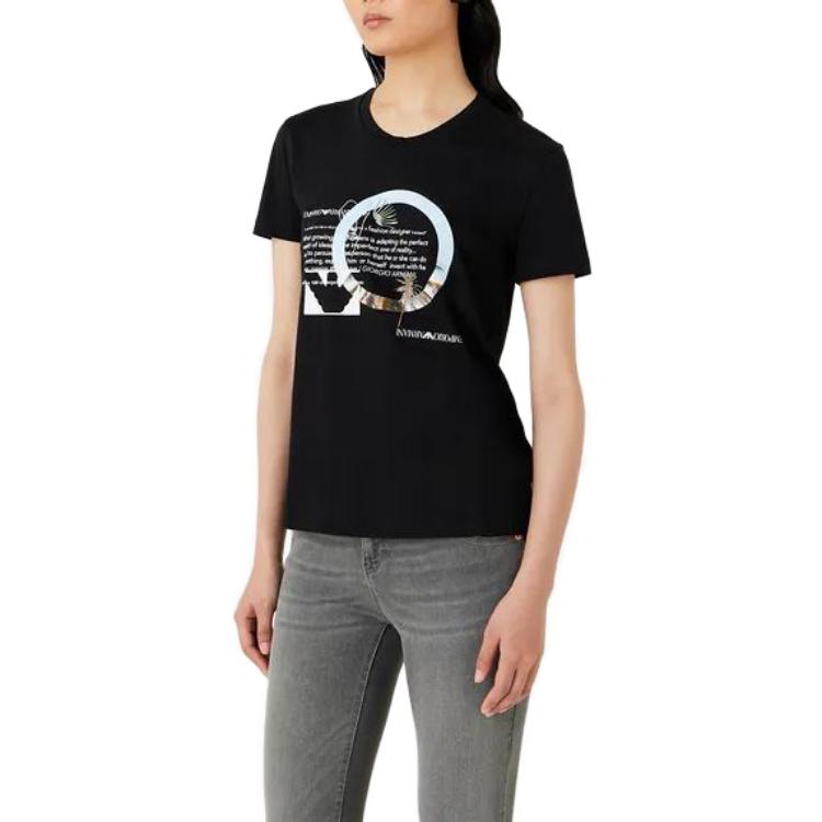 Emporio Armani Pattern Printed Round Neck Short Sleeve T-Shirt Women T-Shirts Black 3R2T7A2-JQ4Z1-0999