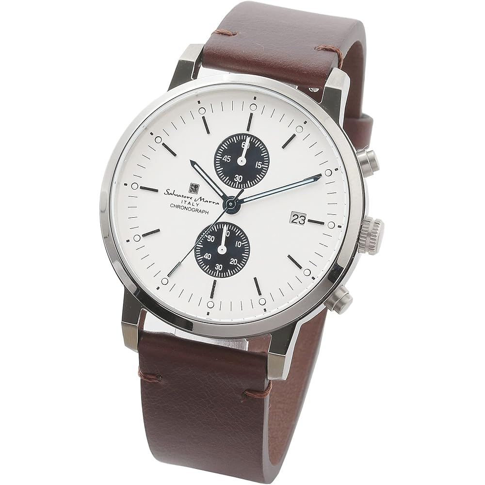 Salvatore Marra Unisex Analog Quartz Watch Simple Slim Design Leather Strap Silver White 40mm