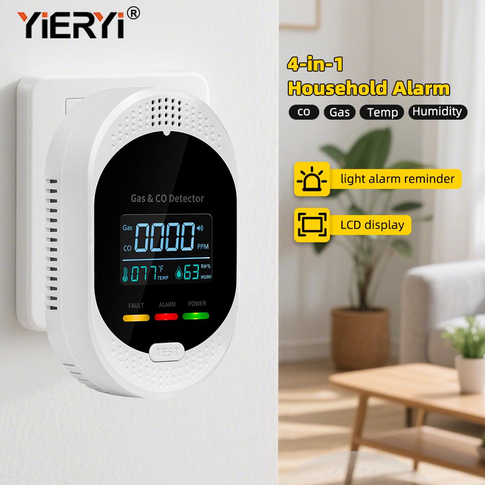 Yieryi 4-In-1 Gas CO Alarm Detector With Temperature Humidity LCD Display For Home RV Apartment Villa Smart Sensor EU/US Plug