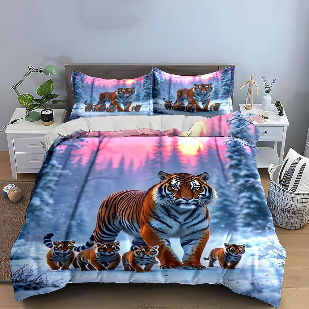 Tiger Family Winter Decor Multiple Sizes Kid'S And Adults' Bedroom Exquisite 3Pc Bedding Set, Gift