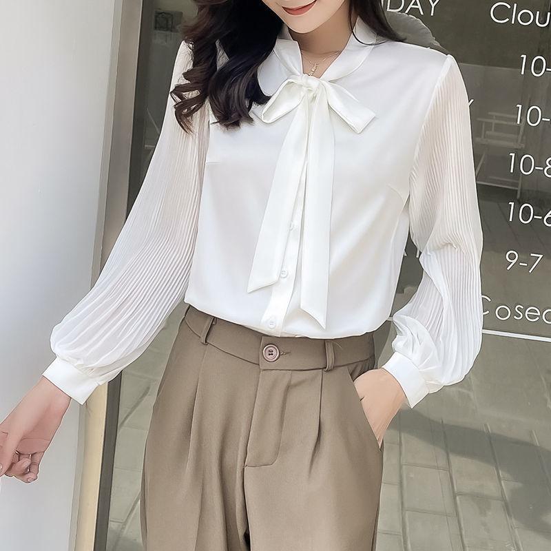 Spring Autumn New Solid Color Lace Up Shirt Commute Office Lady Fashion Ruched Long Sleeve Scarf Collar Button Chiffon Blouse