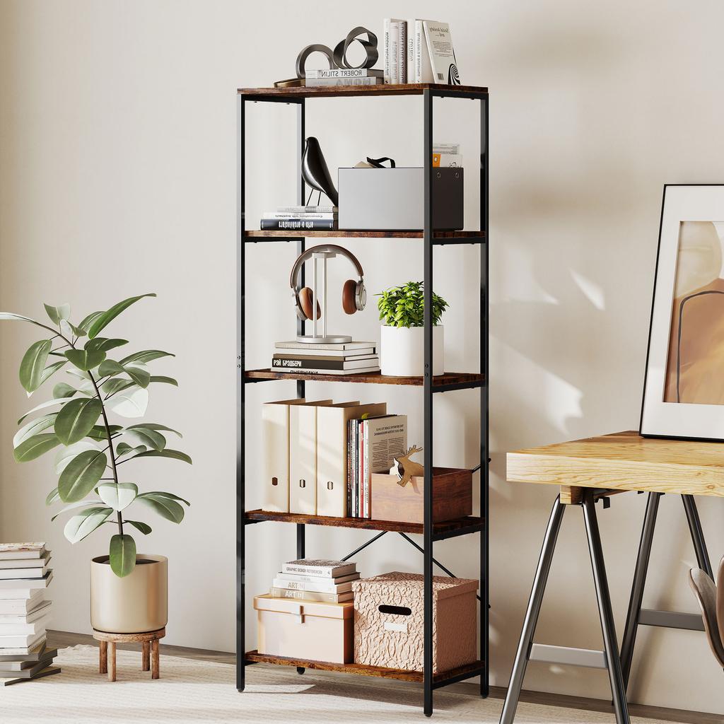 5-Tier Bookshelf, Industrial Bookcase with Metal Frame - Rustic Brown and Black