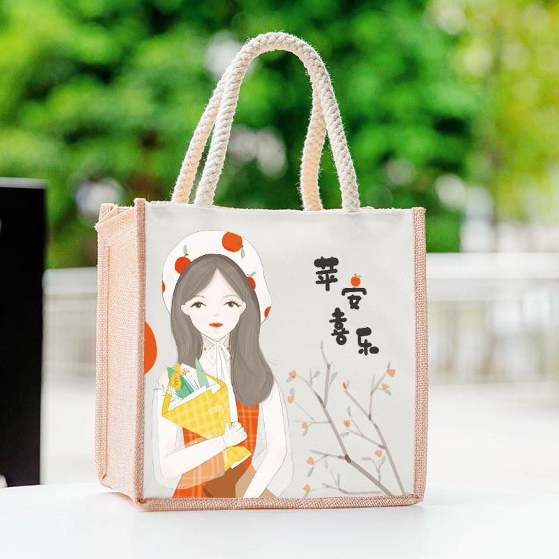 

Большая вместительная сумка для бенто в японском стиле, новая сумка из искусственной конопли, сумка-тоут Ins, студенческая сумка для ланча, сумка для ланча из мультфильма