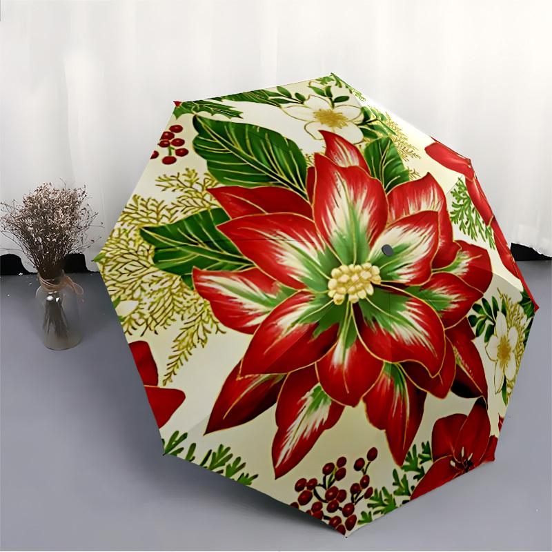 1pc Poinsettia Pattern Automatic Folding Umbrella - Portable Collapsible 8-Rib Umbrella for All Seasons Yy251119150