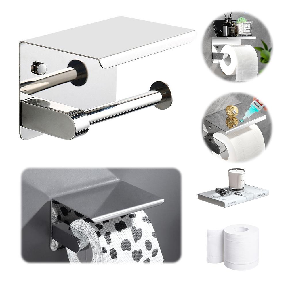 Stainless Steel Toilet Paper Holder with Phone Holder Paper Towel Stand Wall Mounted Floating Paper Shelf for Bathroom Washroom