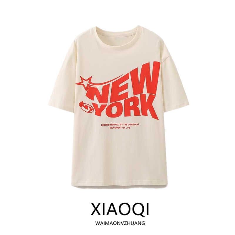 2024 Summer New Arrival American Retro Loose Pure Cotton New York Printed T-shirt Ins Female 0085364