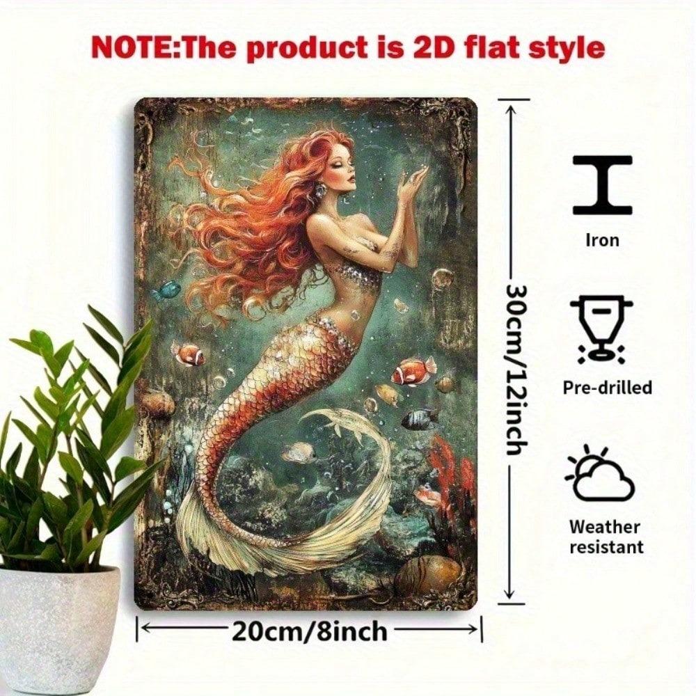 Vintage Redhead Mermaid Metal Tin Sign Retro Wall Art Rustic Hanging Plaque