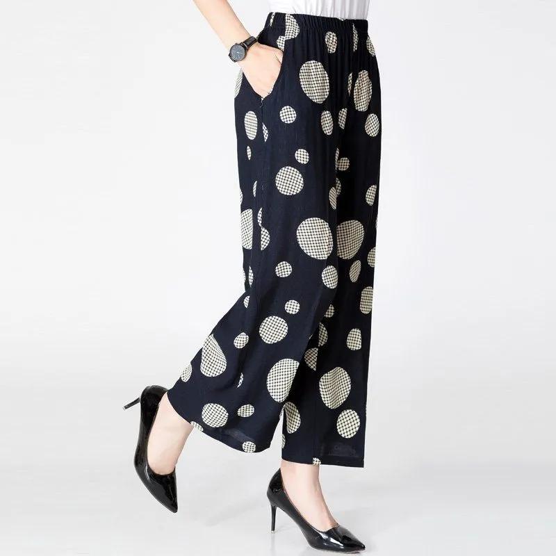 

WTEMPO Большого размера Принтованные Укороченные Брюки с Высокой Эластичной Талией и Карманами Женские Повседневные Свободные Тонкие Брюки с Широкими Штанинами 3XL