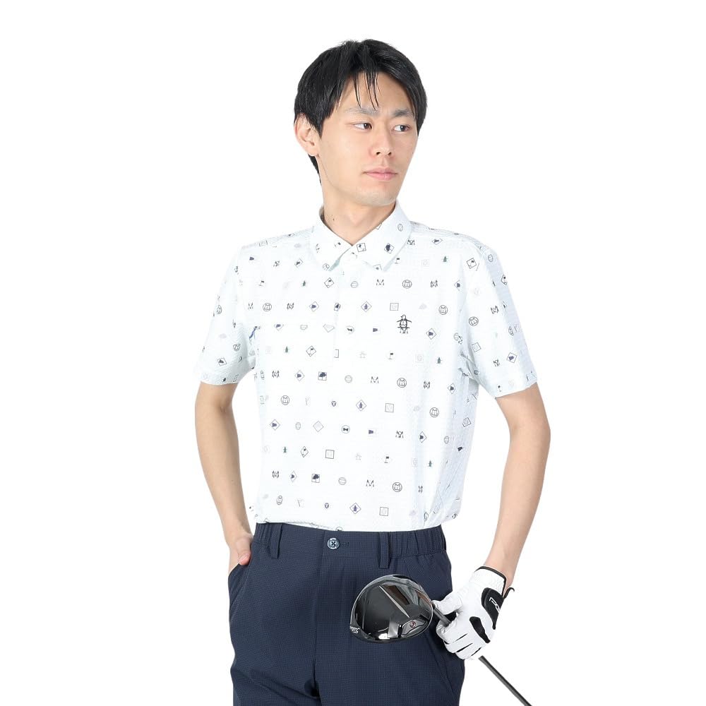 Munsingwear Short Sleeve with a Flying Pattern Soccer Tailored Golf Men's Shirt, MGMXJA13, White, WH00, Design, Fabric, Collar, Moisture-Wicking,