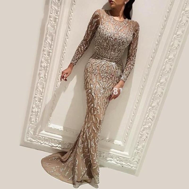 2025 new women's sexy dress sprinkled gold long-sleeved fishtail ball dress