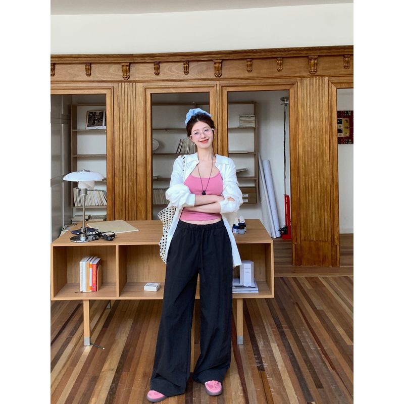 Kumikumi Sweet Style Loose Easiest for Match High Waist Casual Pants Women's Autumn Drawstring Stylish Straight-Leg Pants Loose Pants