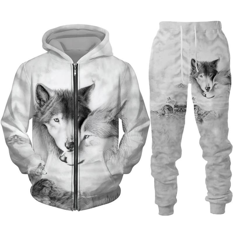 Men's Zipper Hoodie Set 3D Printed Animal Wolf Sportswear/Pants Casual Street Long Sleeve Loose Spring Autumn 2 Piece Set