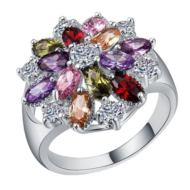 Silver Water Drop Pear-Shaped Flower Snowflake Ring Simple Temperament Flower Ring