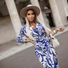 New Autumn Women's V-neck Lace-up Slit Waist-retracted Print Quarter-sleeved Sleeve Dress