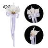 Rearview Mirror Ribbon Bows Calla Lily Wedding Car Door Handle Decorative Flower, White Artificial Flower Bouquet Elegant Gold Bead Satin Streamers