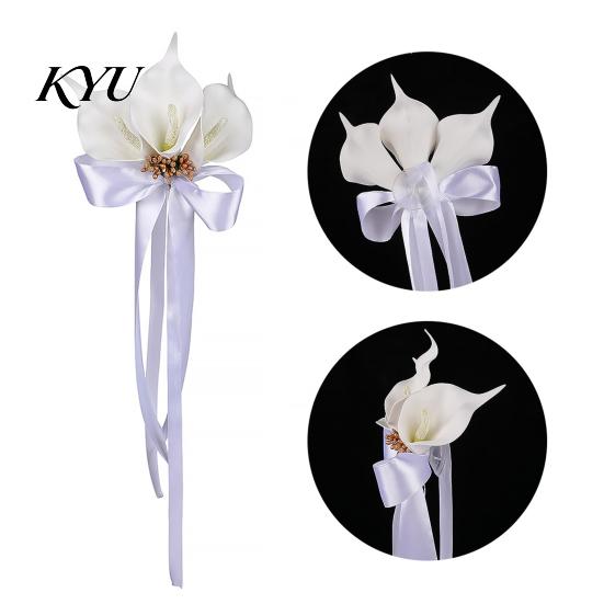 Rearview Mirror Ribbon Bows Calla Lily Wedding Car Door Handle Decorative Flower, White Artificial Flower Bouquet Elegant Gold Bead Satin Streamers