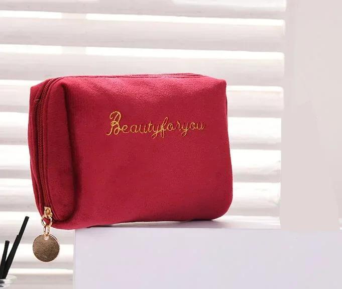 Women's Cosmetic Bag Zipper Velvet Letter Embroidery Solid Make Up Pouch for Cosmetics Toiletry Case Female Make Up Bags