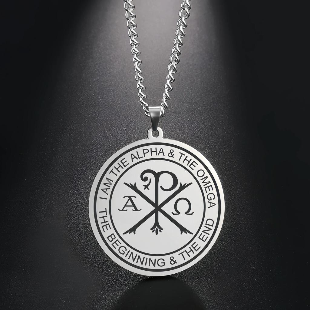 Chi Rho Halskette Edelstahl Christlicher Schmuck Alpha Omega Christogramm Religiöses Geschenk zum Schutz Beten