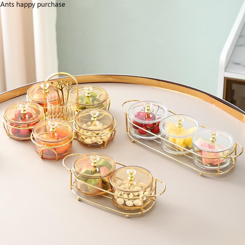 Wrought Iron Glass Fruit Plate with Plastic Cover Snack Tray Dried Fruit Plates Snacks Platter Fruit Fork Storage Jar Salad Bowl