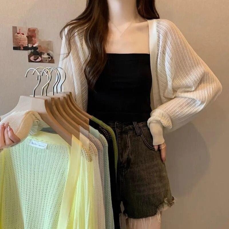 Lantern Sleeve Knit Cardigan Crochet Hollow Loose Women's Long Sleeve Thin Coat NewFashion Simple Casual Commuting Spring Autumn