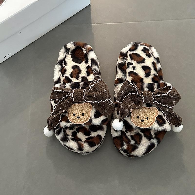 

Design sense leopard print sweet cotton shoes bow bear fluffy slippers autumn and winter fashion wear girls fluffy slippers 35 белый
